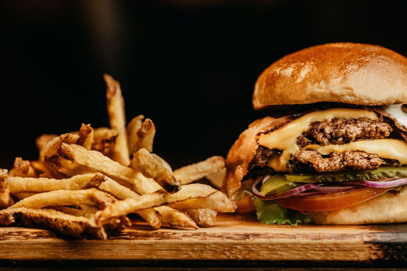 Bob's Burger, a tall double cheeseburger served with fries
